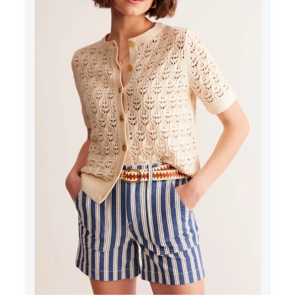 Boden Womens Ivory White Cotton Pointelle Knit Short Sleeve Cardigan Sweater M